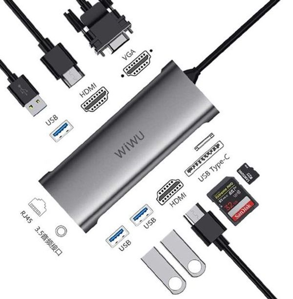 WIWU Alpha A11312H 11-in-1 USB Hub Type-C VGA RJ-45 Dual HDMI Port