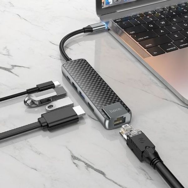 Hoco HB23 5-In-1 USB Type-C Hub + HDMI + USB3.0 + USB2.0 + RJ45 + PD