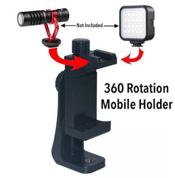 360 Degree Mobile Holder With Cold Shoe Mount For Extra Microphone Or Led Light