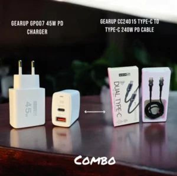 GearUP GP007 45W Fast PD Charger & GearUP CC24015 Type-C to Type-C 240W PD cable Combo .