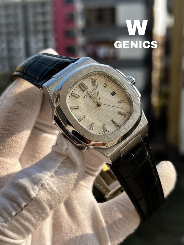patek phillippe non chrono black belt white dial silver body