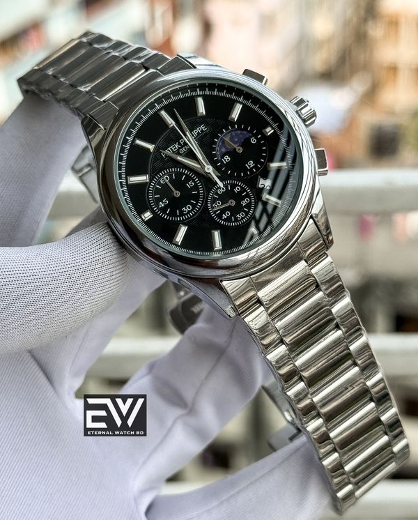 PATEK SILVER CHAIN BLACK DIAL