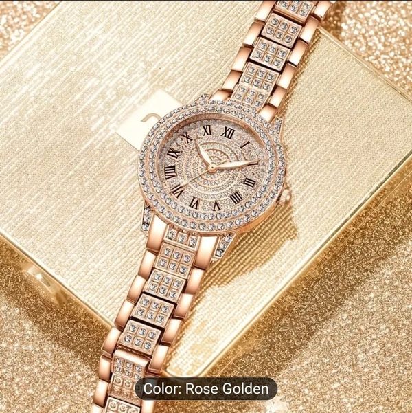 Elegant Women's Quartz Watch - Glamorous Rose Golden with Sparkling Gemstones, Roman Numerals, Stainless Steel Band