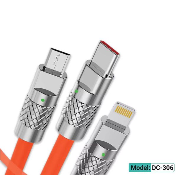 Geeoo DC-306 3 in-1 Soft Silicone Fast Charging Cable 1M Long 3A Safe Charge .