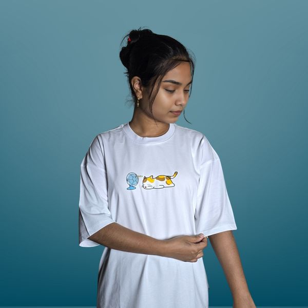 Korean Cat Enjoying The Wind (White) - Premium Oversized Drop Shoulder T-shirt