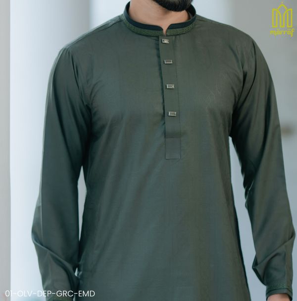 Elegant Deep Olive Grace Viscose Panjabi with Luxurious Embroidery