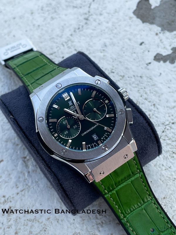HUBLOT CF SILVER CASE GREEN BELT GREEN DIAL LEATHER TEXTURE