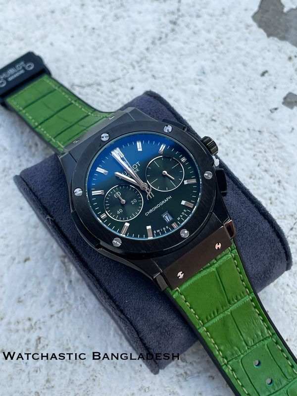 HUBLOT CF BLACK CASE GREEN BELT GREEN DIAL LEATHER TEXTURE
