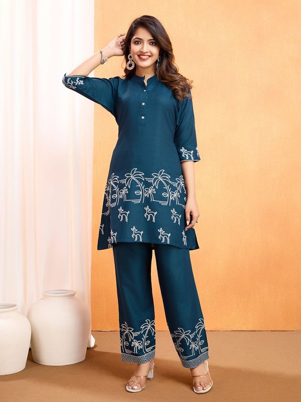 Embroidered Indian Reyon Women Dress in Blue