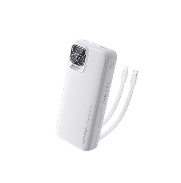 VENTION 22.5W 20000mAh Power Bank with Built-in USB-C & Lightning Cables – White