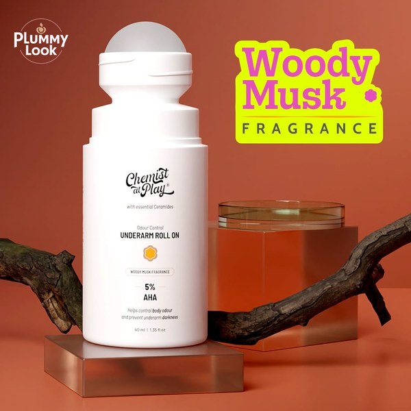 Chemist at Play UnderArm Roll-On with 5% AHA, Lactic Acid & 1% Mandelic Acid | For Sensitive Skin | Woody Musk Fragrance | Alcohol Free-40ml