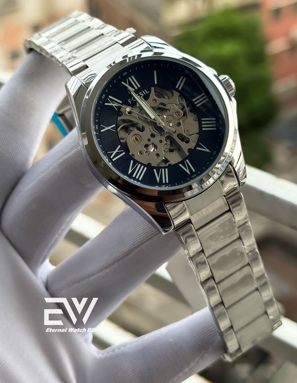 FOSSIL AUTOMATIC CHAIN BLACK DIAL SILVER CASE