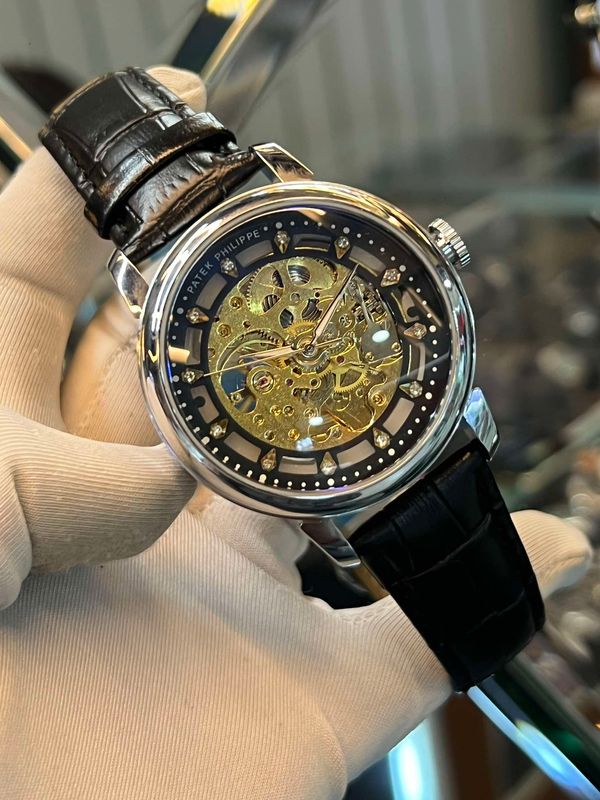 Patek Auto New Stone Black Belt Silver Case Black Dial