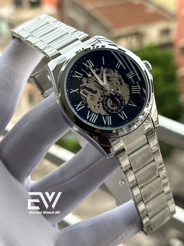 FOSSIL AUTOMATIC CHAIN BLACK DIAL RING INSIDE SILVER BODY