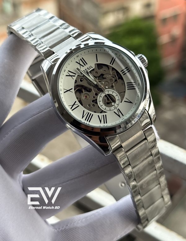 FOSSIL AUTOMATIC CHAIN WHITE DIAL RING INSIDE SILVER BODY