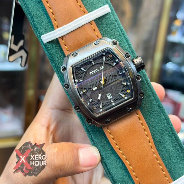 TUBULAR | RM SHAPE | AUTHENTIC LEATHER BELT | LIGHT BROWN BELT | BLACK DIAL | SS BLACK BODY