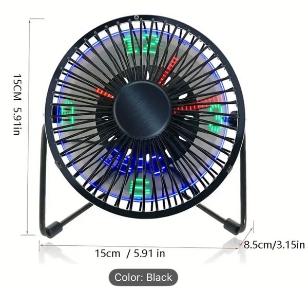 USB-Powered LED Clock Fan with Real-Time Temperature Display - Sleek Black Iron Frame, Blue & Green LED Lights, Compact Desktop Design for Home Office & Workspace, Office Desk Accessory, Modern Aesthetic, Durable Construction