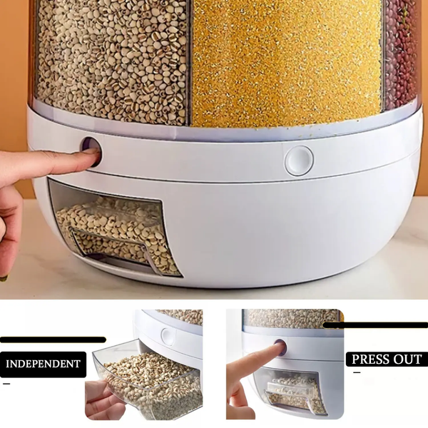 HOT Dispenser Kitchen Moisture-Proof 6-Grid Rotating Food Grain Dispenser Cereal Storage Box