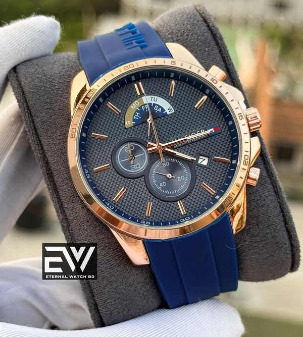 HILFIGER BLUE BELT ROSEGOLD CASE