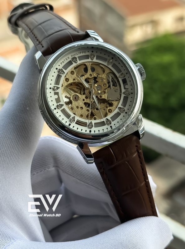 PATEK PHILLIPE AUTOMATIC BROWN BELT WHITE DIAL SILVER CASE