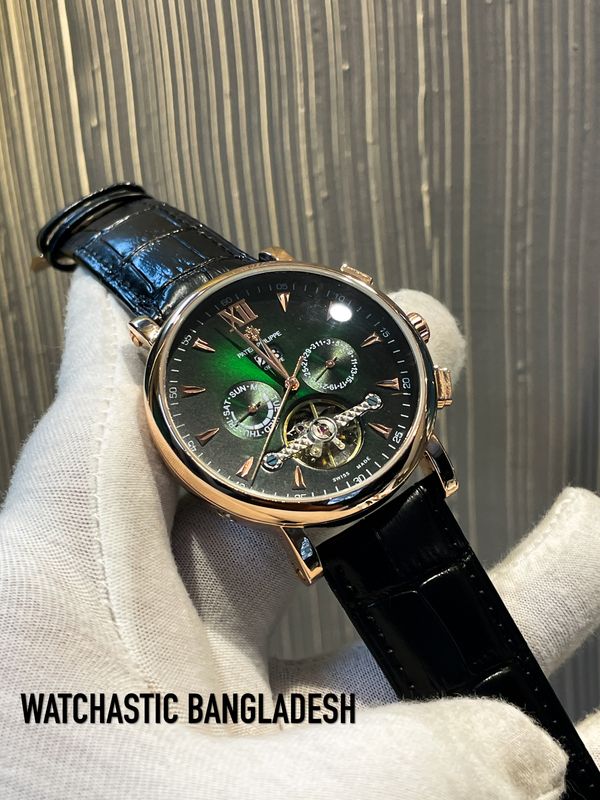 Patek Auto Rose Gold Case Green Dial Black Belt