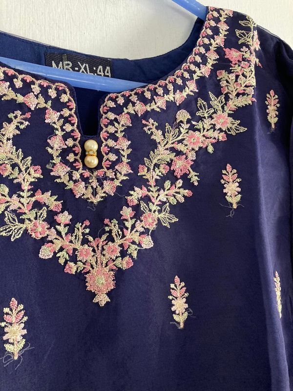 Embroidered Women's One-Piece - Indigo blue with embellished details - Organza