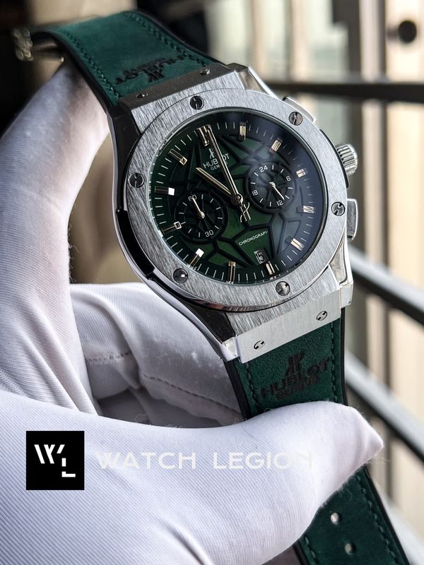 HUBLOT BELT SPIDER GREEN DIAL SILVER CASE GREEN BELT VELVET TEXTURE