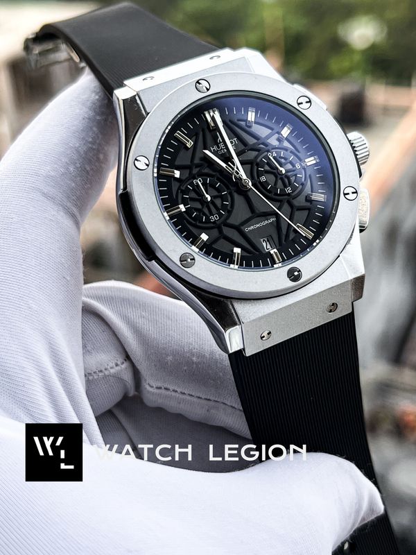 HUBLOT BELT SPIDER BLACK DIAL SILVER CASE BLACK BELT