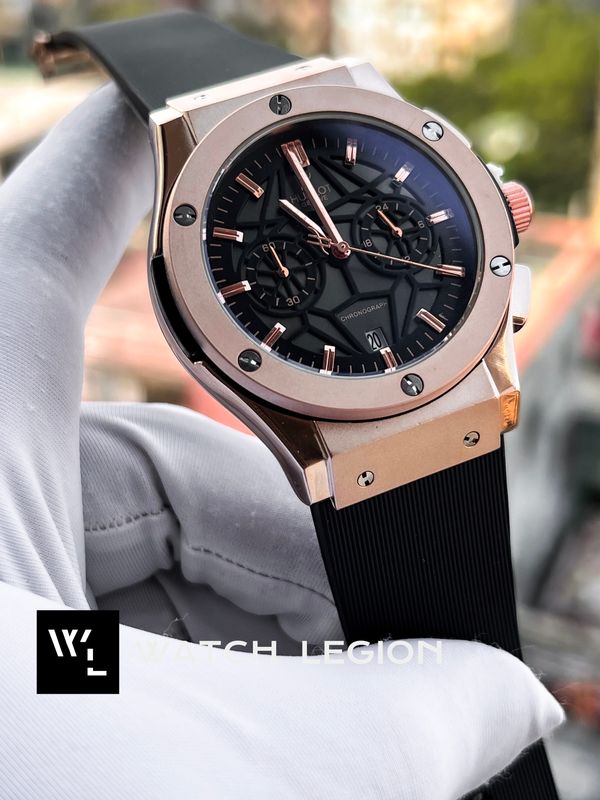HUBLOT BELT SPIDER BLACK DIAL ROSE GOLD CASE BLACK BELT
