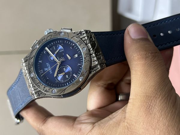 HUBLOT BELT ENGRAVED SILVER CASE BLUE DIAL BLUE BELT