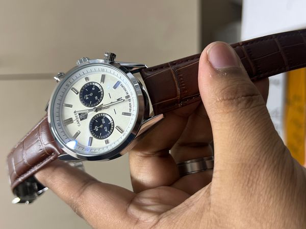 TAG BELT 2 CHRONO SILVER BODY BROWN BELT,WHITE DIAL,BLACK SUB