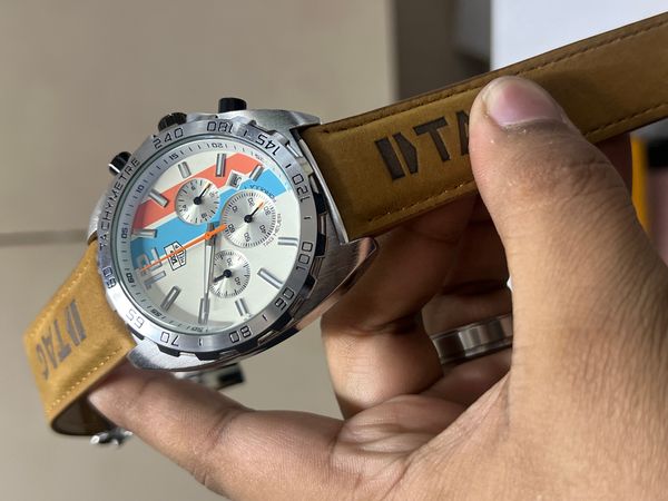 TAG BELT ANNIVERSARY GULF SILVER CASE WHITE DIAL MUSTARD BELT