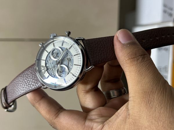 ARMANI OVAL GLASS SILVER CASE WHITE DIAL BROWN BELT