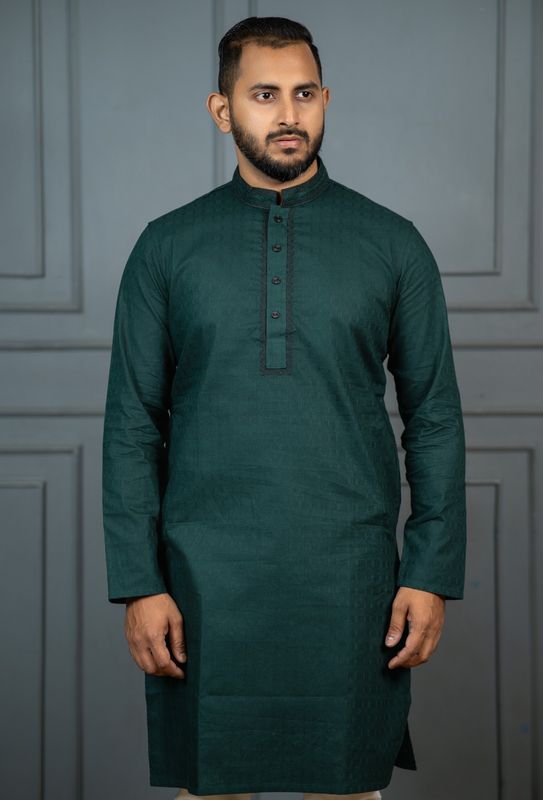 Green Embroidered Viscose-Cotton Panjabi