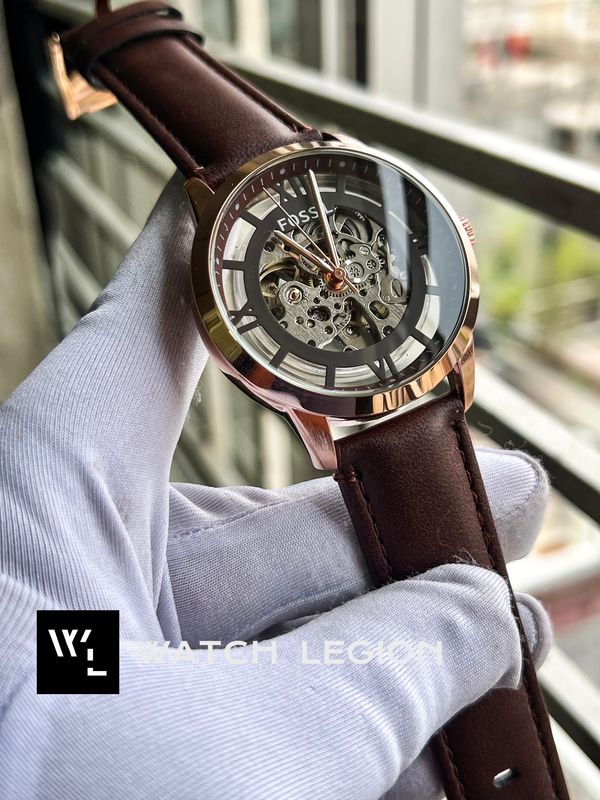 FOSSIL AUTO BROWN BELT ROSE GOLD CASE