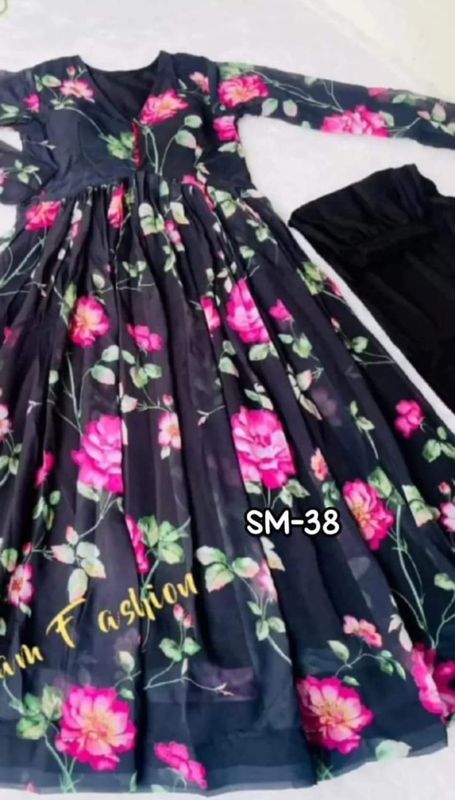 Black Queen Georgette Gwan Three piece Set