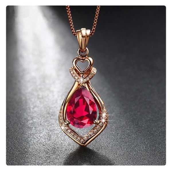 Drop Shaped Ruby Zircon Gemstones Pendant Necklace For Women Gold Luxury Pendant Chain Necklace