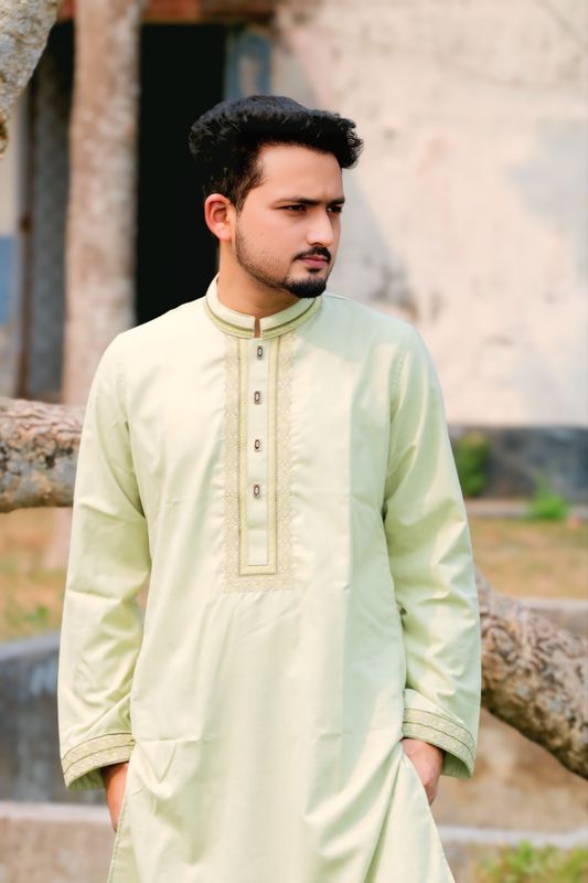 Elegant Light Green Embroidered Panjabi – Timeless Ethnic Charm