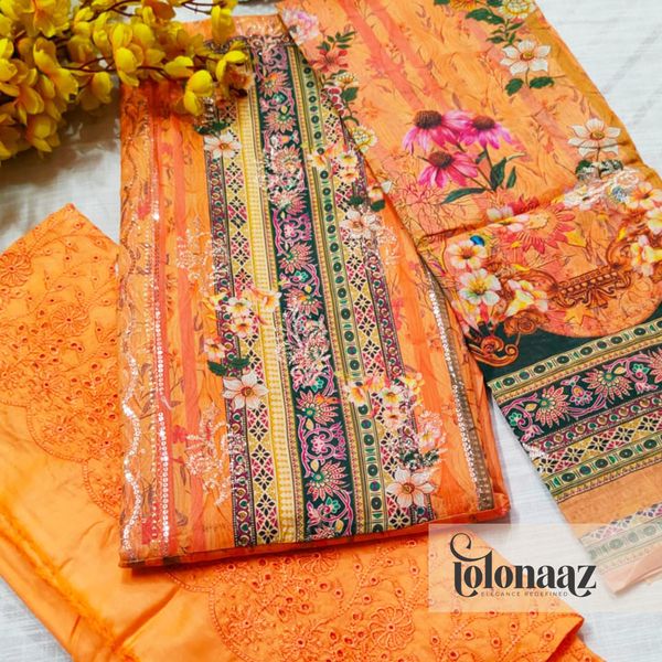 Mashaal Cotton 3 Piece (Orange)