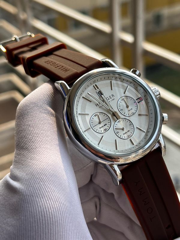 Hilfiger Chrono Brown Fiber Belt White Dial