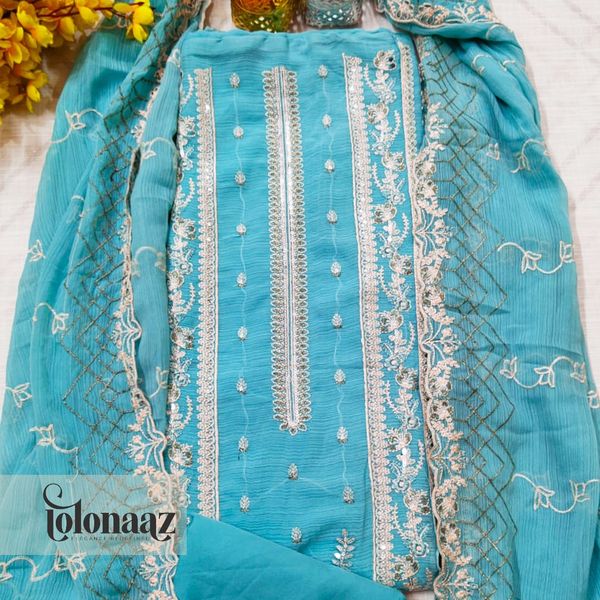 Premium White Gold Indian Unstitched (Blue)