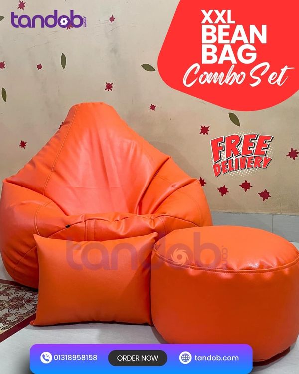 XXL Bean Bag Chair, Leg rest & Cushion - Combo Set - Orange Color