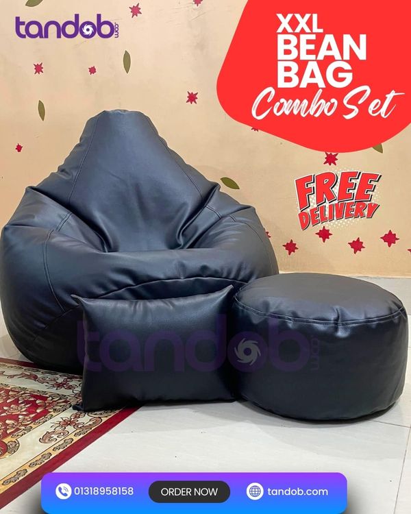 XXL Bean Bag Chair, Leg rest & Cushion - Combo Set - Black Color