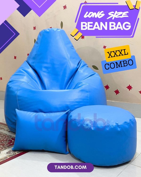 XXXL High Long Bean Bag Chair, Leg rest & Cushion - Combo Set - Sky Blue Color