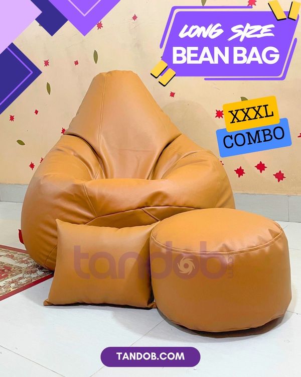 XXXL High Long Bean Bag Chair, Leg rest & Cushion - Combo Set - Light Brown Color