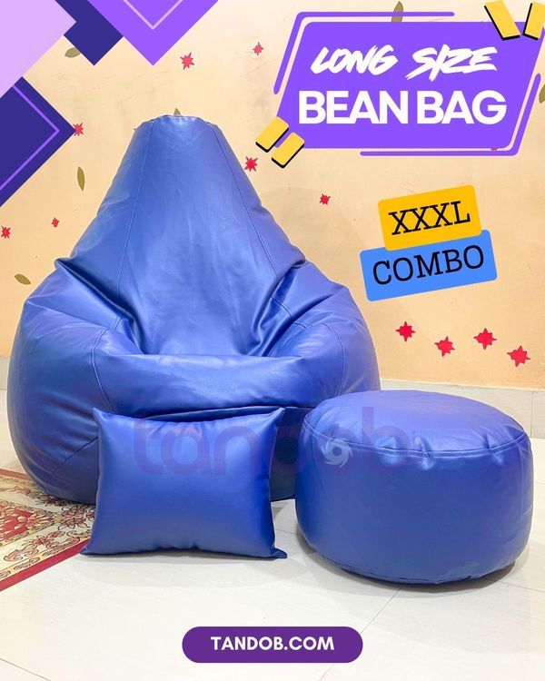 XXXL High Long Bean Bag Chair, Leg rest & Cushion - Combo Set - Deep Blue Color