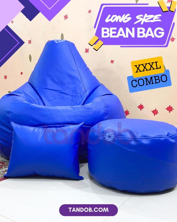 XXXL High Long Bean Bag Chair, Leg rest & Cushion - Combo Set - Royal Blue Color