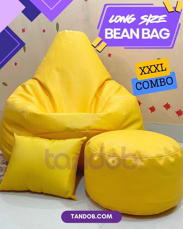 XXXL High Long Bean Bag Chair, Leg rest & Cushion - Combo Set - Yellow Color