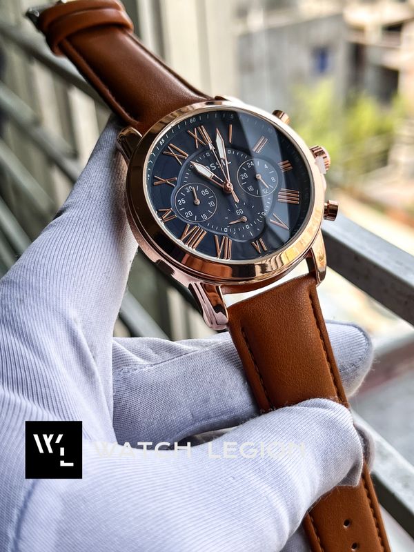 FOSSIL Q MUSTARD BELT ROSE GOLD CASE BLUE DIAL