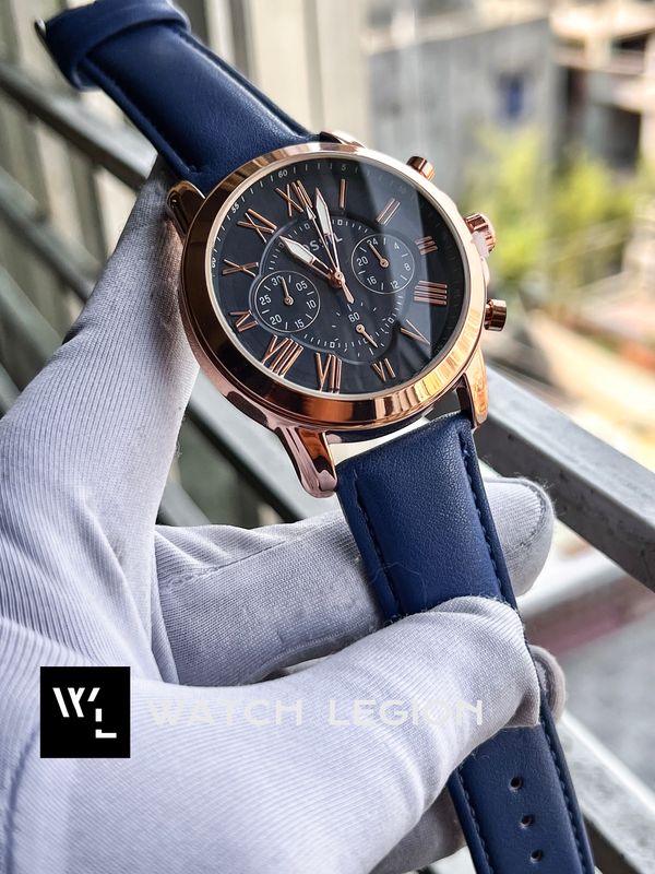 FOSSIL Q BLUE BELT ROSE GOLD CASE BLUE DIAL